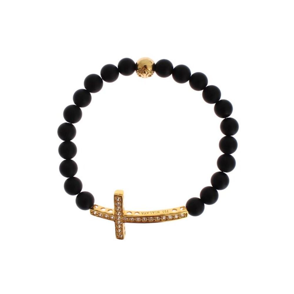 Nialaya Matte Black Onyx Gold Cross Bracelet Women